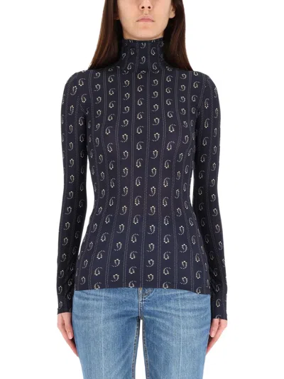 Tory Burch Turtleneck Long Sleeve Fitted Patterned Top In Blue