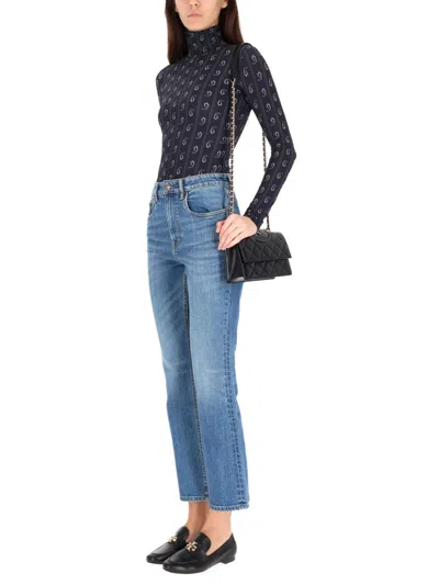 Tory Burch Turtleneck Long Sleeve Fitted Patterned Top In Blue