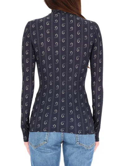 Tory Burch Turtleneck Long Sleeve Fitted Patterned Top In Blue