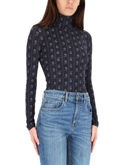Tory Burch Turtleneck Long Sleeve Fitted Patterned Top In Blue