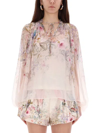Zimmermann 'rebellion' Multicolor Blouse With Bow Detail On The Front And All-over Floral Motif In Viscose Woma