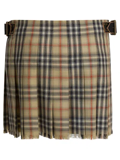 Burberry Women Beige Skirt With Adjustable Belt And All-over Check Motif In Wool Woman In Multi
