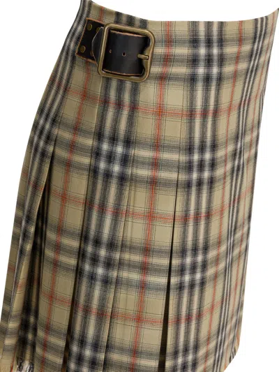 Burberry Women Beige Skirt With Adjustable Belt And All-over Check Motif In Wool Woman In Multi