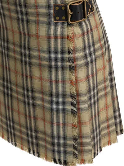 Burberry Women Beige Skirt With Adjustable Belt And All-over Check Motif In Wool Woman In Multi