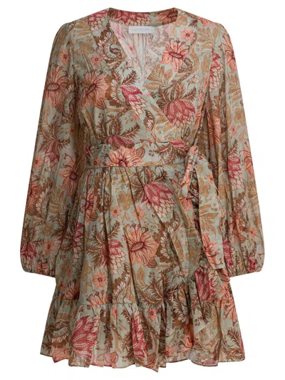 Zimmermann Daylight Mini Wrap Frill Dress Stamp Floral Sage In Brown