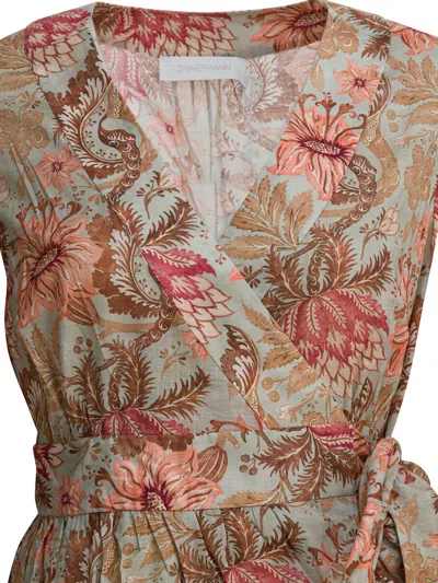 Zimmermann Daylight Mini Wrap Frill Dress Stamp Floral Sage In Brown