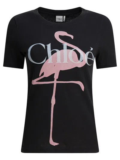 Chloé Women Black Crewneck T-shirt With Maxi Logo Print On The Front In Cotton Woman