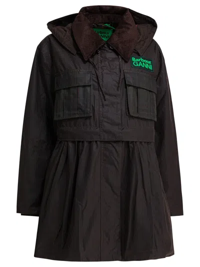 Barbour Dark Brown Jacket With All-over Stripe Motif And Logo Patch On The Front In Waxed Cotton Woman