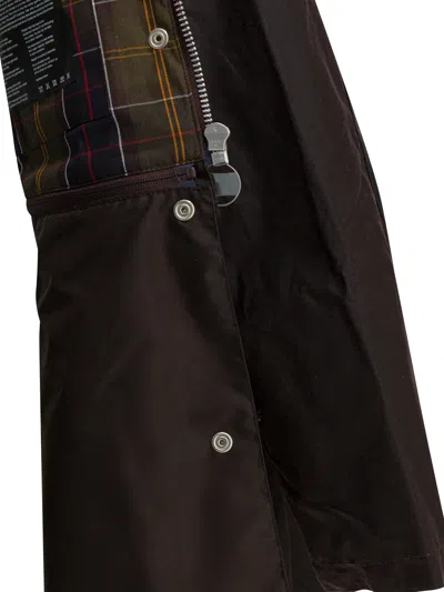 Barbour Dark Brown Jacket With All-over Stripe Motif And Logo Patch On The Front In Waxed Cotton Woman