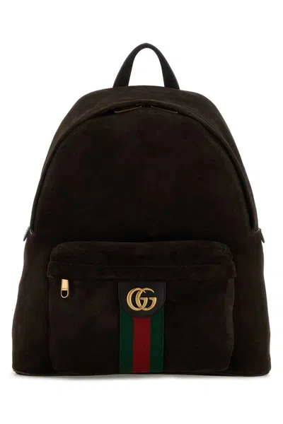 Gucci Men Dark Brown Suede Medium Ophidia Backpack In Brown
