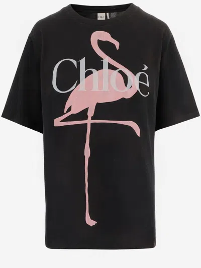 Chloé Women Black Crewneck T-shirt With Maxi Logo Print On The Front In Cotton Woman