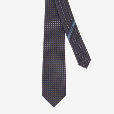 Ferragamo Silk Tie With Geometric Pattern In Blue