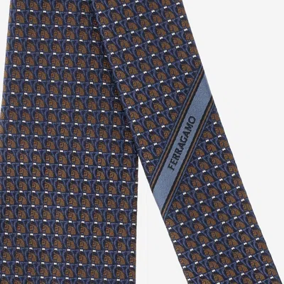 Ferragamo Silk Tie With Geometric Pattern In Blue
