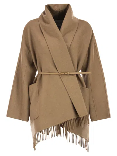 Max Mara Abilita Fringed Camel Hair Belted Cape Jacket In Brown