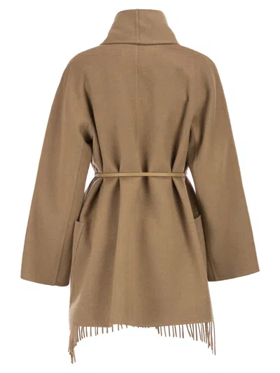 Max Mara Abilita Fringed Camel Hair Belted Cape Jacket In Brown