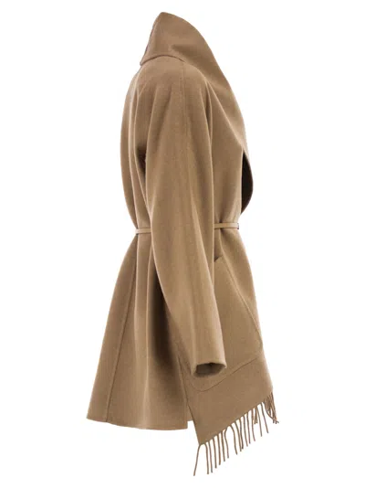 Max Mara Abilita Fringed Camel Hair Belted Cape Jacket In Brown