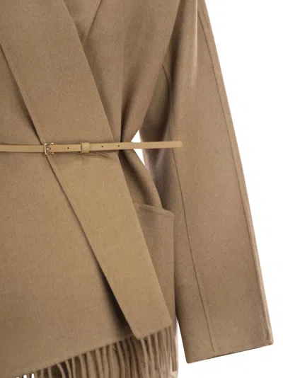 Max Mara Abilita Fringed Camel Hair Belted Cape Jacket In Brown