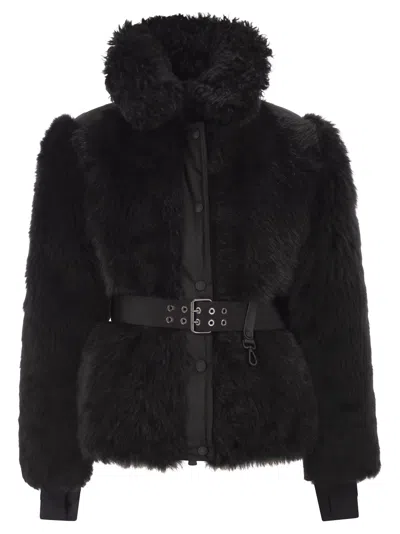 Moncler Valdivian Shearling Belted-waist Faux-fur Jacket In Black