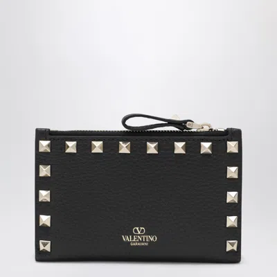 Valentino Rockstud Leather Zip Around Card Holder In Black