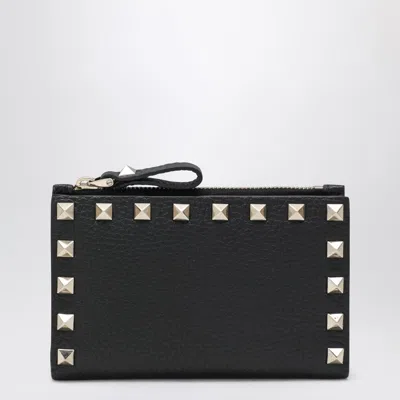 Valentino Rockstud Leather Zip Around Card Holder In Black