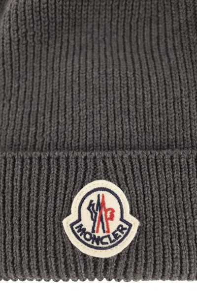 Moncler Ribbed Virgin Wool Beanie Accessories In Gray