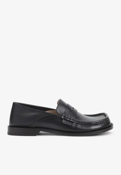 Loewe Penny Strap Round Toe Stitched Detailing Loafers In Black