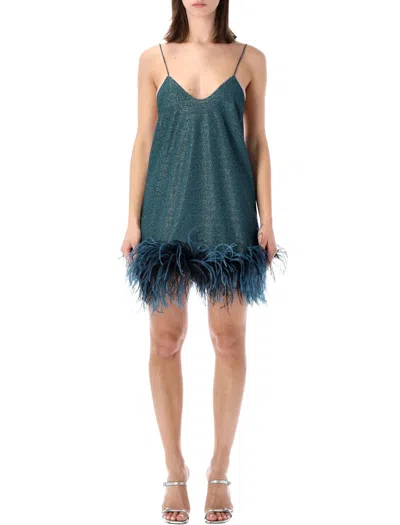 Oseree Lumiere Feather Detail Glitter Mini Dress In Blue