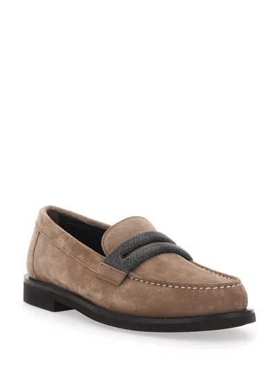 Brunello Cucinelli Brown Loafers With Almond Toe And Monil Detail In Suede Woman In Brown