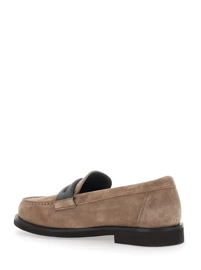 Brunello Cucinelli Brown Loafers With Almond Toe And Monil Detail In Suede Woman In Brown