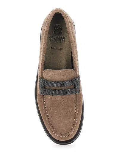 Brunello Cucinelli Brown Loafers With Almond Toe And Monil Detail In Suede Woman In Brown