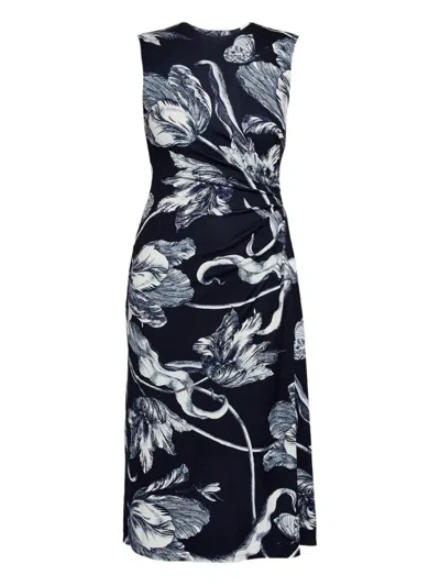 Erdem Floral-print Draped Sleeveless Midi Dress In Black