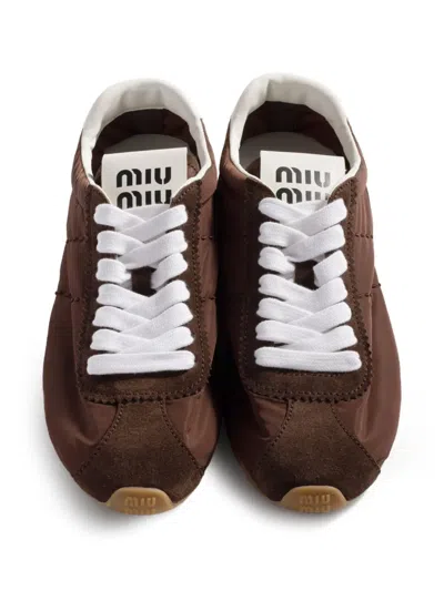 Miu Miu Fabric And Suede Low Top Sneakers Contrast Sole In Brown