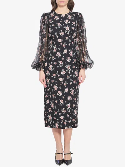 Dolce & Gabbana Women Black Dress With Round Neckline And All-over Floral Motif In Silk Blend Woman In Black