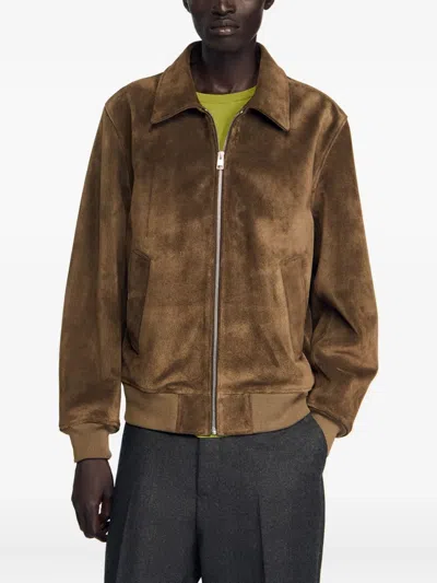 Sandro Zip-front Suede Jacket In Brown