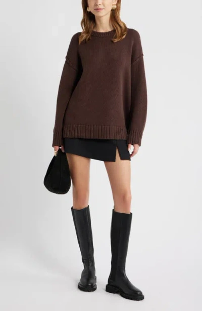 Open Edit Oversize Crewneck Cotton Sweater In Brown