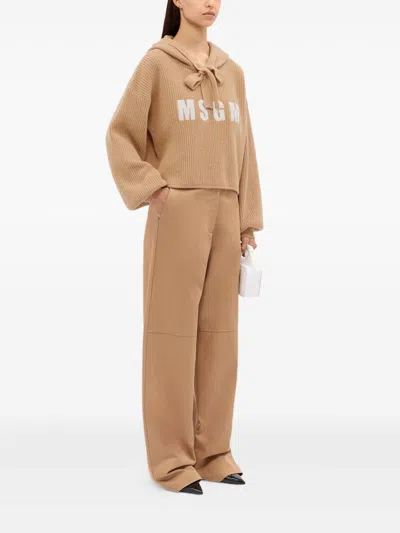 Msgm Short Sweatshirt With Logo In Brown