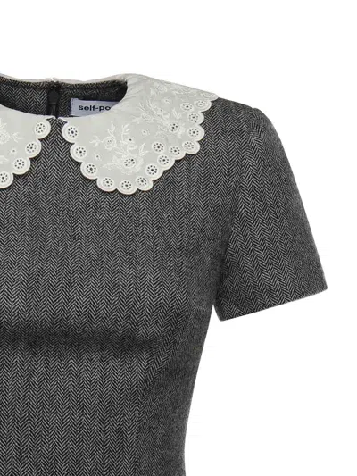Self-portrait Grey Herringbone Collared Mini Dress Dresses Grey In Multi
