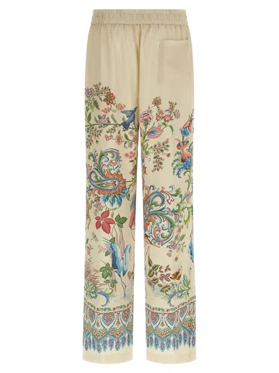 Etro Women White Pants With Elastic Drawstring Waist And All-over Floral Print In Tech Fabric Woman In Multi