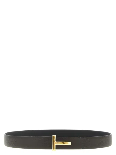Tom Ford Brown Belt With T-plaque On The Front In Grained Leather Man In Black