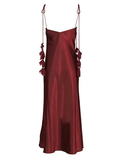 Self-portrait Bordeaux Long Dress With Knotted Shoulder Straps And Floral Details In Fabric Woman In Burgundy