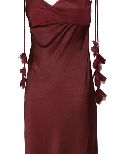 Self-portrait Bordeaux Long Dress With Knotted Shoulder Straps And Floral Details In Fabric Woman In Burgundy