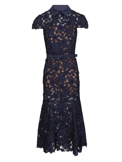 Self-portrait Guipure Blue Long Dress With Lace Design And Adjustable Waist Belt In Fabric Woman