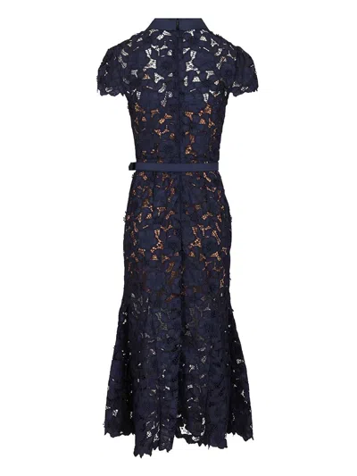 Self-portrait Guipure Blue Long Dress With Lace Design And Adjustable Waist Belt In Fabric Woman