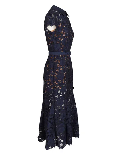 Self-portrait Guipure Blue Long Dress With Lace Design And Adjustable Waist Belt In Fabric Woman