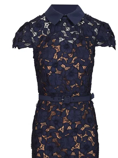 Self-portrait Guipure Blue Long Dress With Lace Design And Adjustable Waist Belt In Fabric Woman