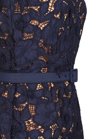 Self-portrait Guipure Blue Long Dress With Lace Design And Adjustable Waist Belt In Fabric Woman