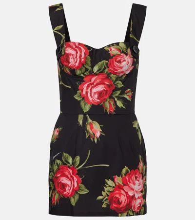 Dolce & Gabbana Floral-print Cotton Bustier Mini Dress In Black