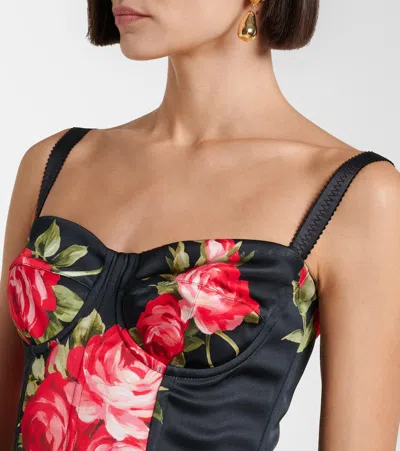 Dolce & Gabbana Black Short Dress With Floral Print In Viscose Woman In Black