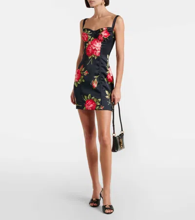 Dolce & Gabbana Black Short Dress With Floral Print In Viscose Woman In Black