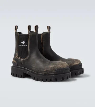 Balenciaga Strike Distressed Leather Chelsea Boots In Black